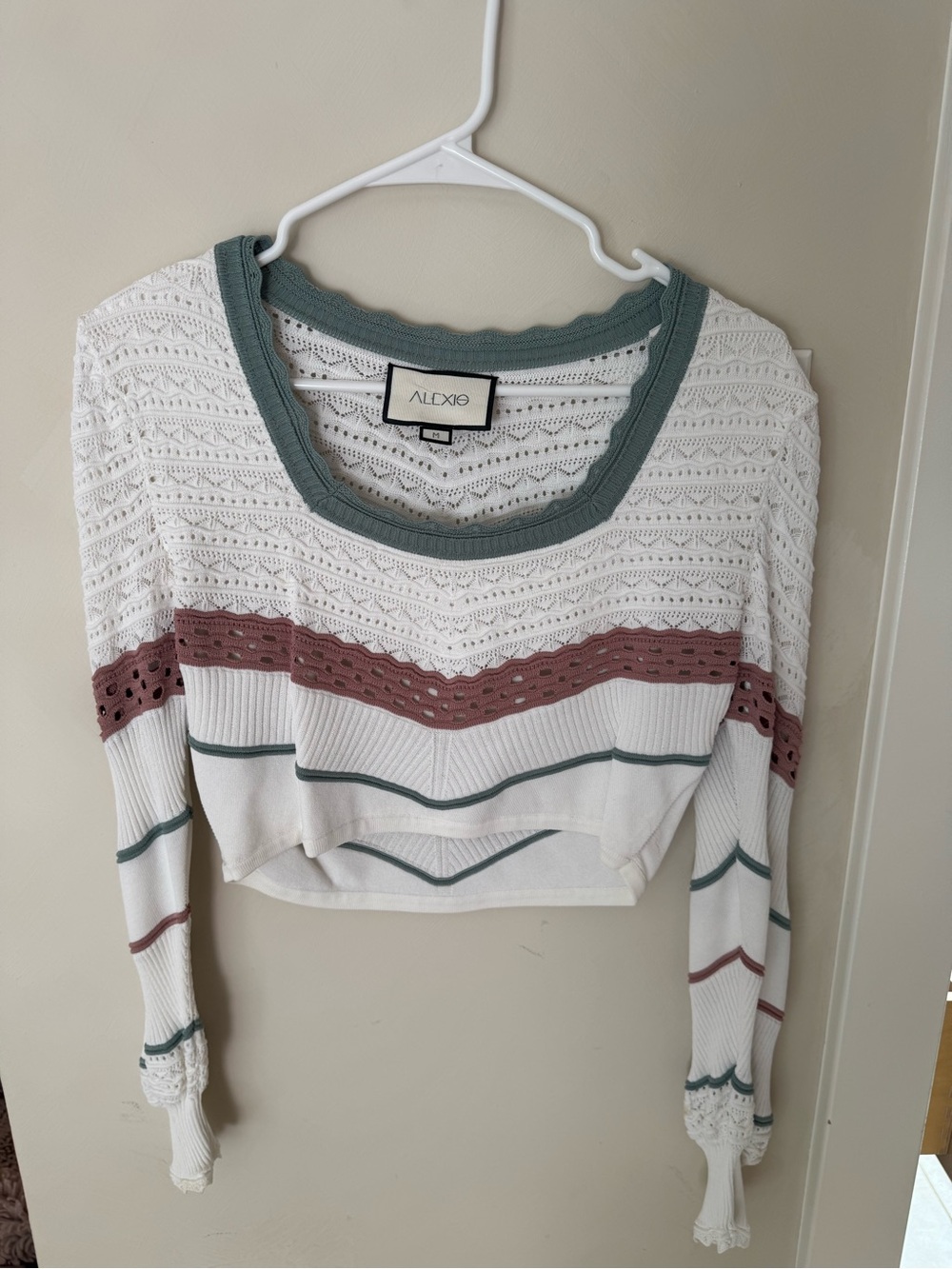 Alexie Knit Crop Top in White with Green Trim and Mauve Stripe